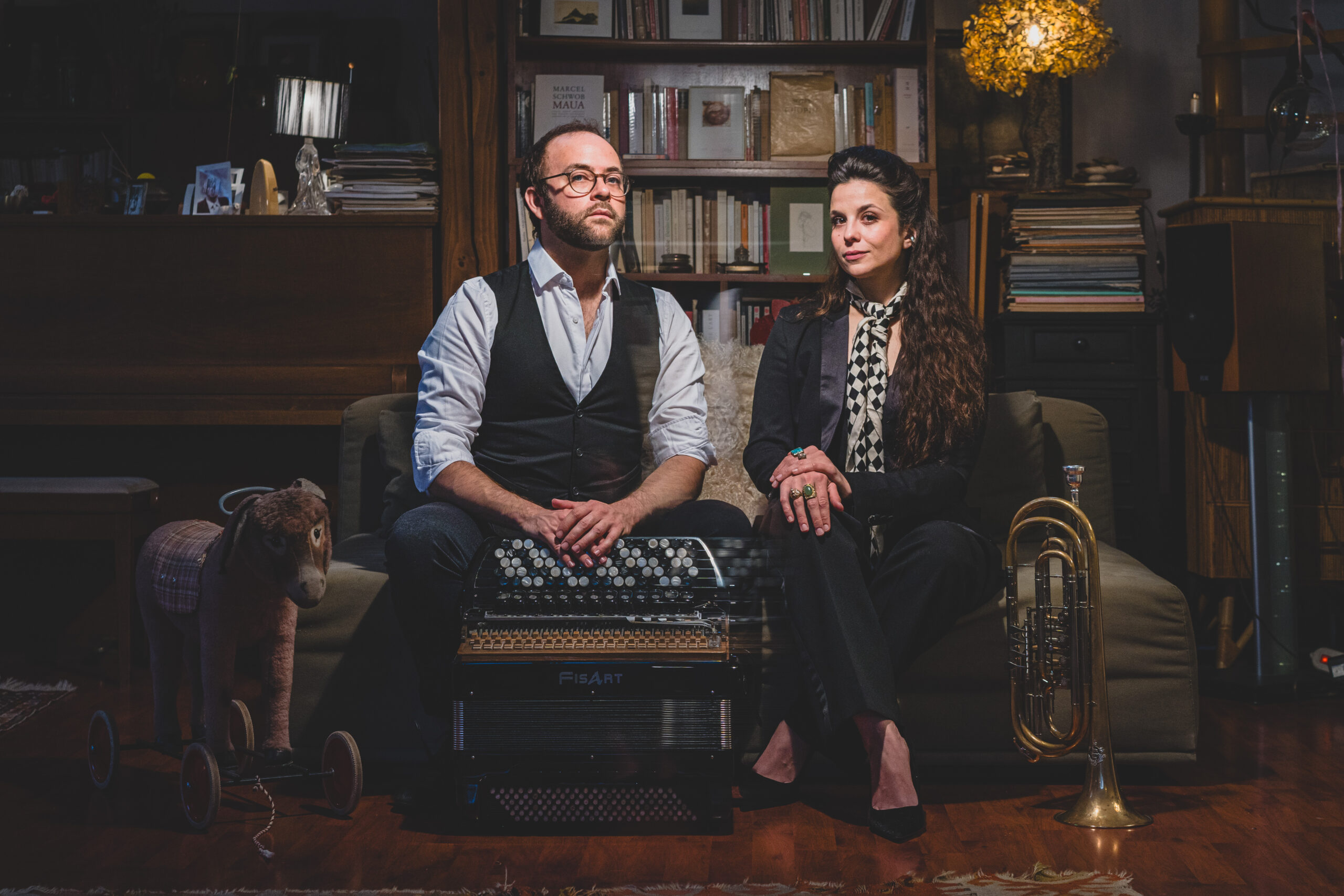 FRANCE - CLASSICAL MUSIC - PORTRAIT - MUSICIAN DUO - HELEN ESCRIVA BASS TRUMPET - PIERRE CUSSAC ACCORDION. Crédit photo : Maria Mosconi / Hans Lucas